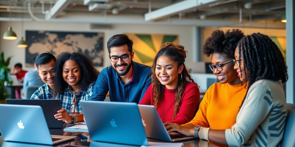 Diverse individuals collaborating in a modern workspace with laptops.