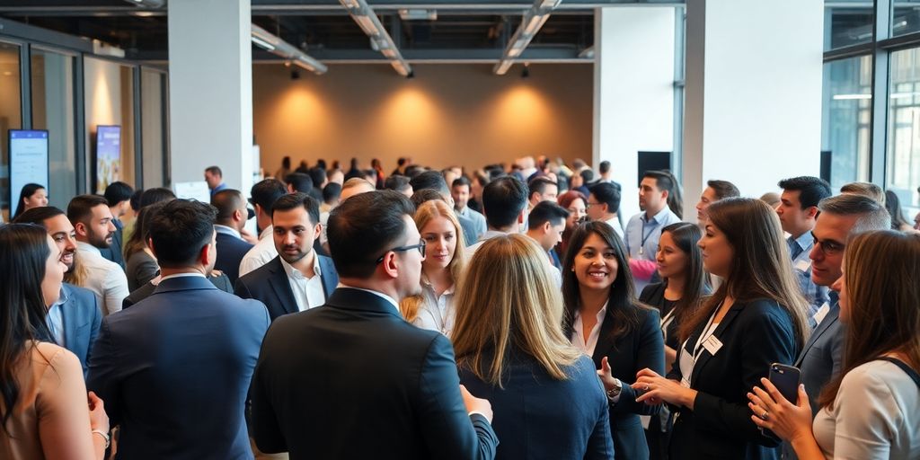 Group of entrepreneurs networking at a business event.