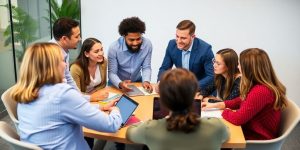 Team collaboration around a table in a modern office.