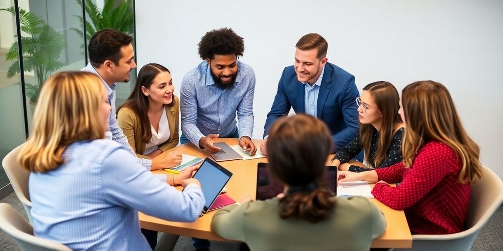 Team collaboration around a table in a modern office.