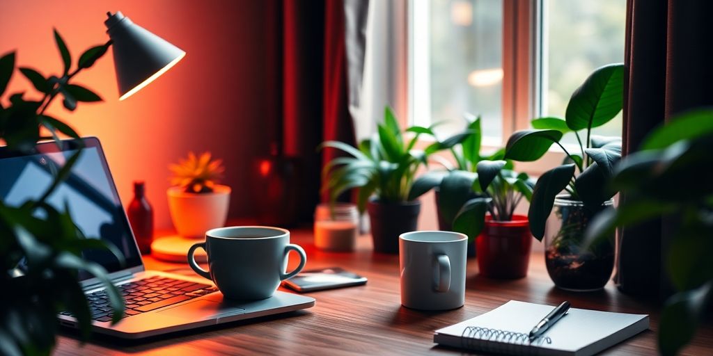 Cozy workspace with laptop and coffee for online jobs.