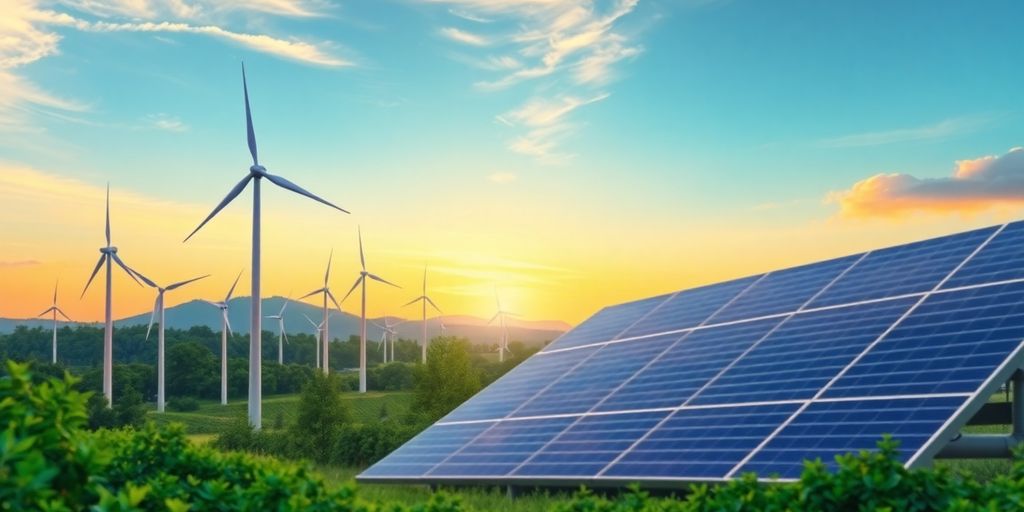 Landscape with wind turbines and solar panels in greenery.